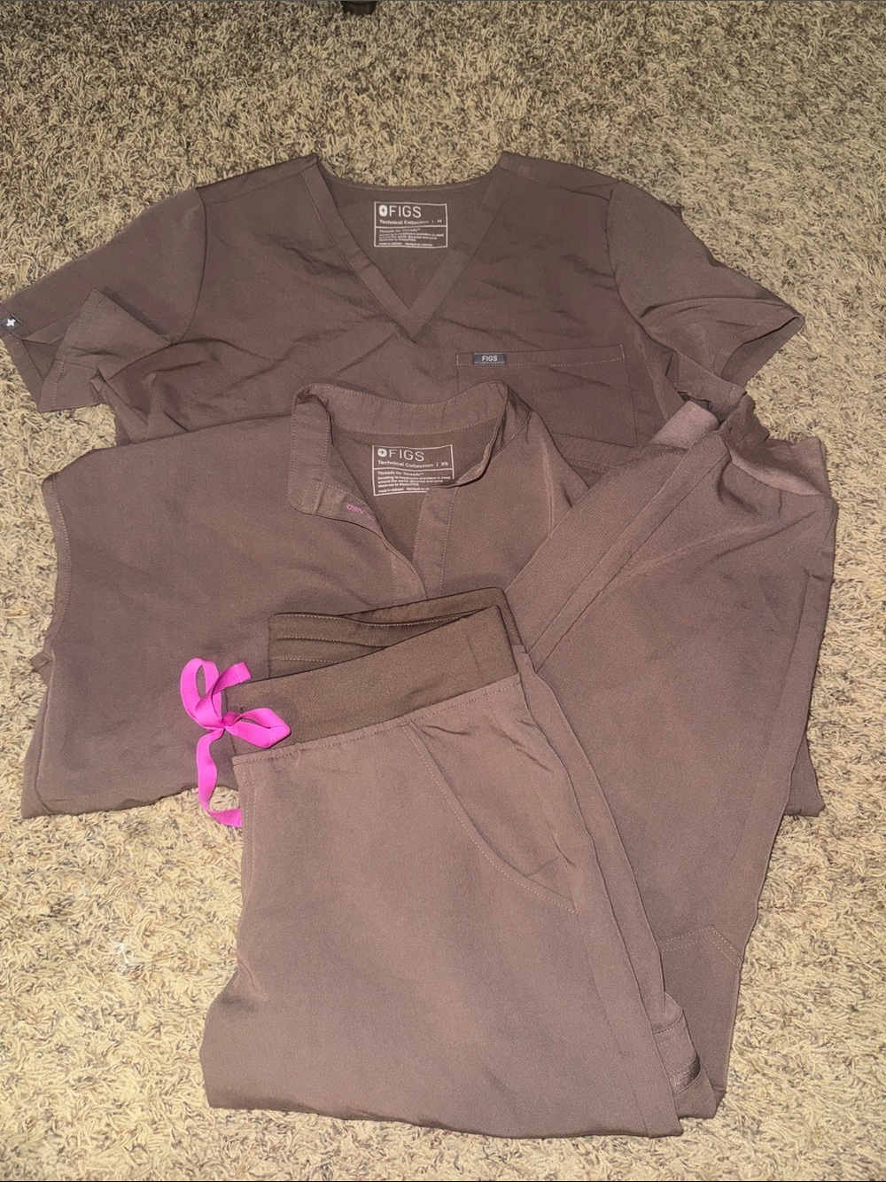 Figs Brown Scrub Set with Pink Drawstring Accent
